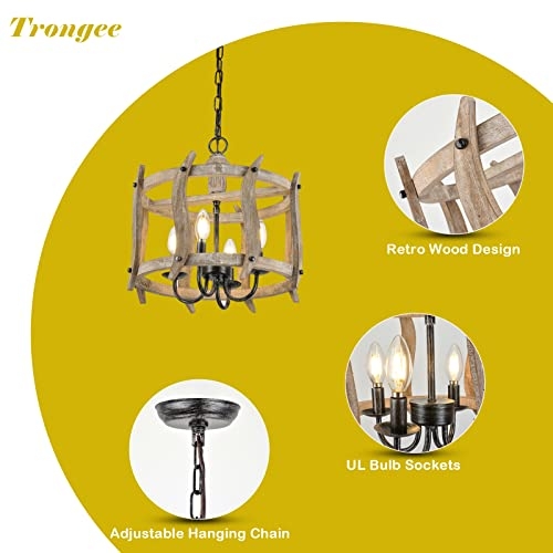 Trongee Farmhouse Chandelier, 4 Light Candle Holder Pendant Light, Rustic Wood Drum Chandelier Handmade Finish Ceiling Light Fixture for Kitchen, Living Room, Dining Room, Bedroom, Entryway