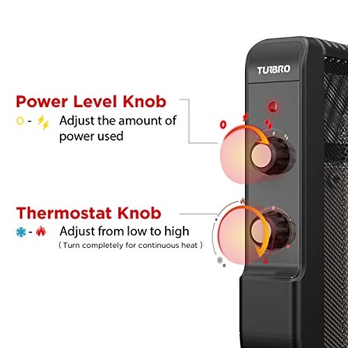TURBRO Arcade HR1500 Electric Mica Space Heater 1500W, Room and Office Heating with Thermostat and Safety Protection, 2 Heat Settings, Quiet, 120V, Black