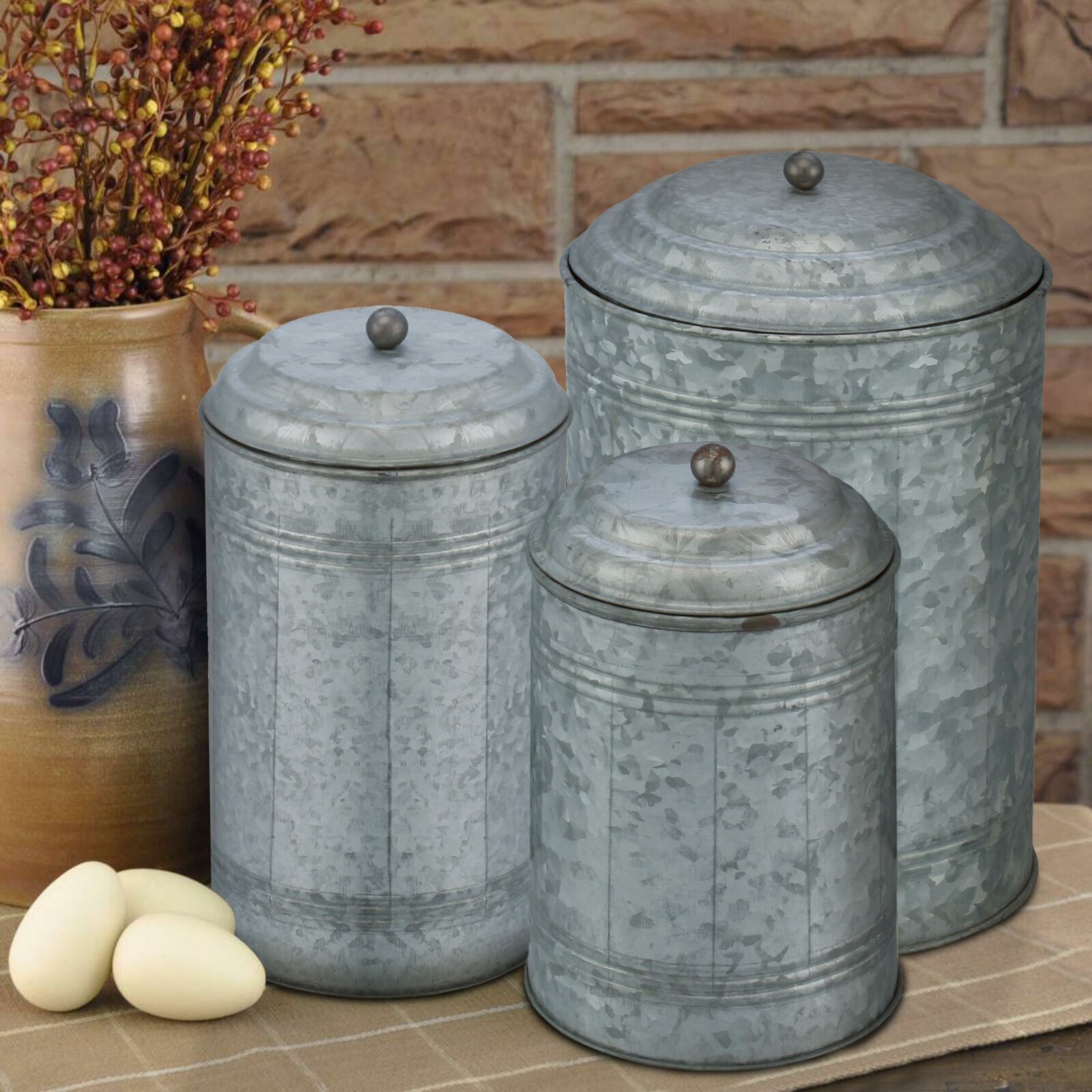 Vintage Metal Canisters With Galvanized Finish