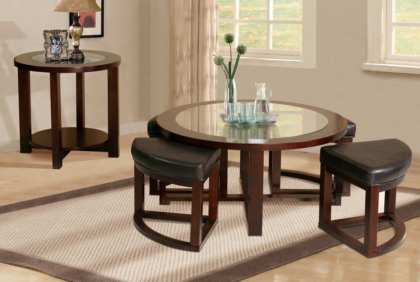 Walnut Table With Four Black Leather Stools