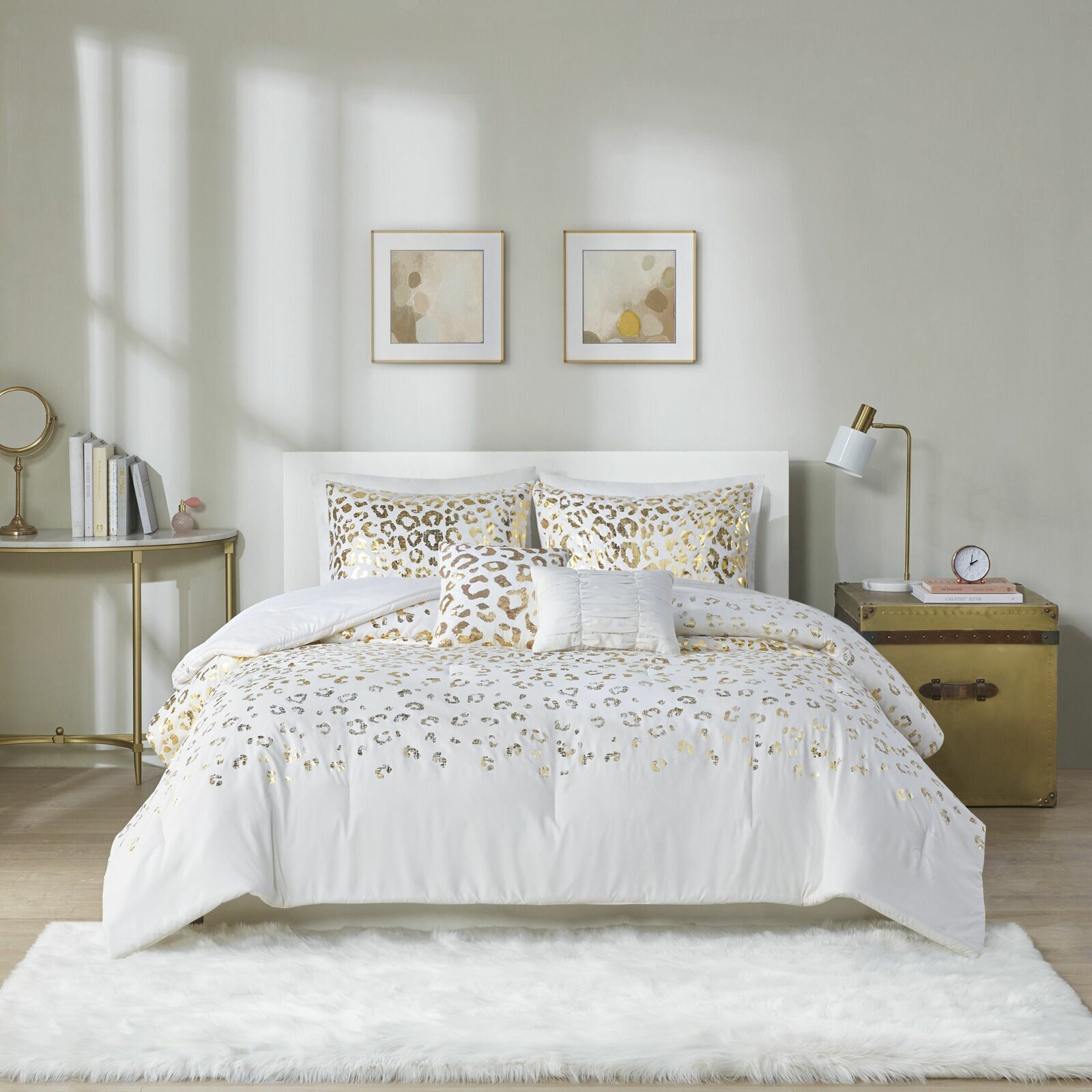 White and Gold Leopard Print Queen Comforter Set