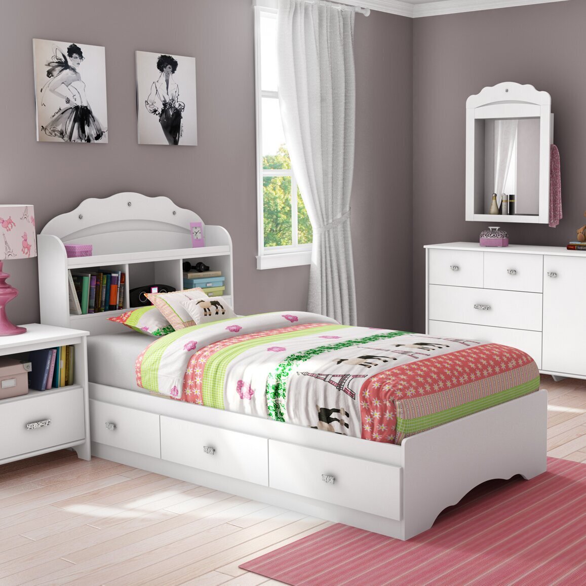 White Twin Bed with Bookcase Headboard