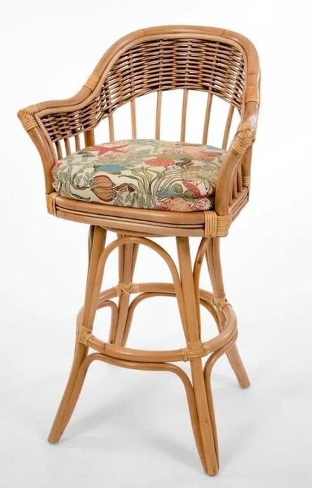 Wicker Bar Stool with Tropical Patterned Seat Cushion 
