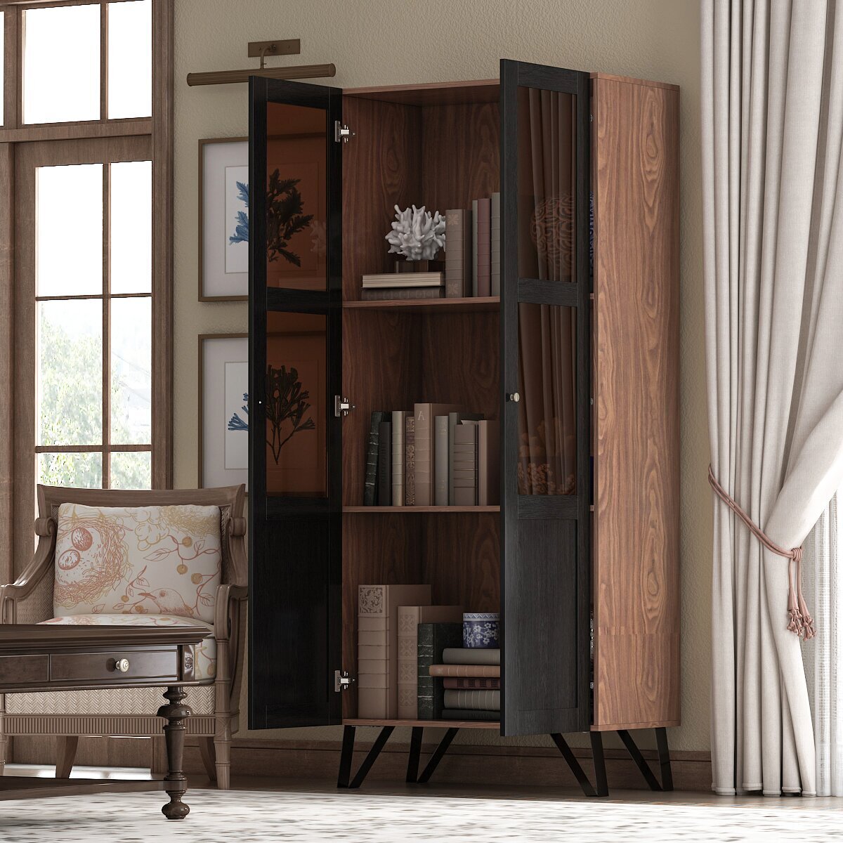 Wooden Bookcase With Doors on Hairpin Legs