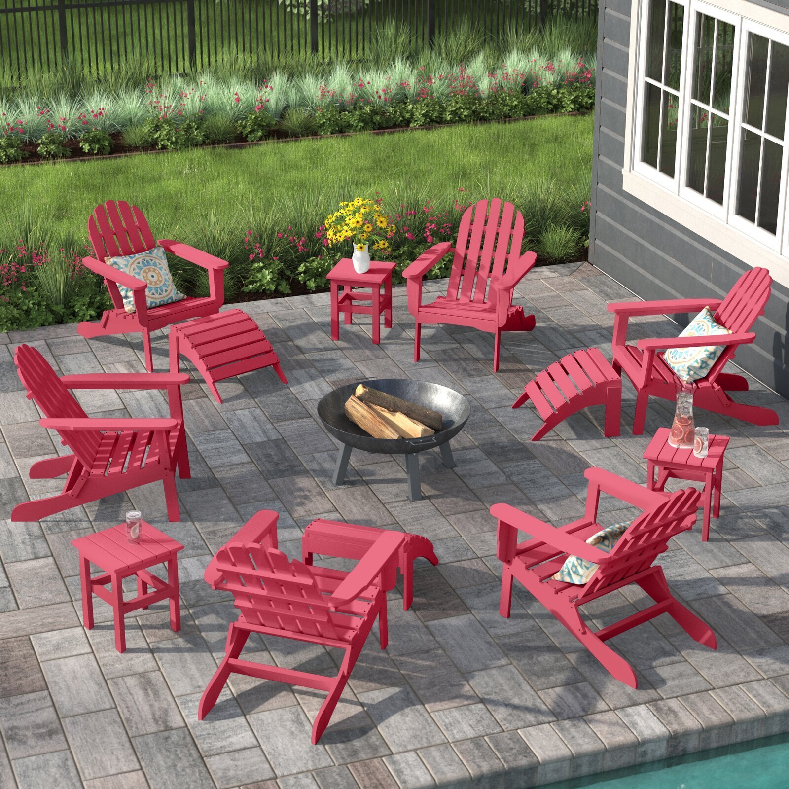 12 piece Plastic Adirondack Chairs, Ottoman and Table Set