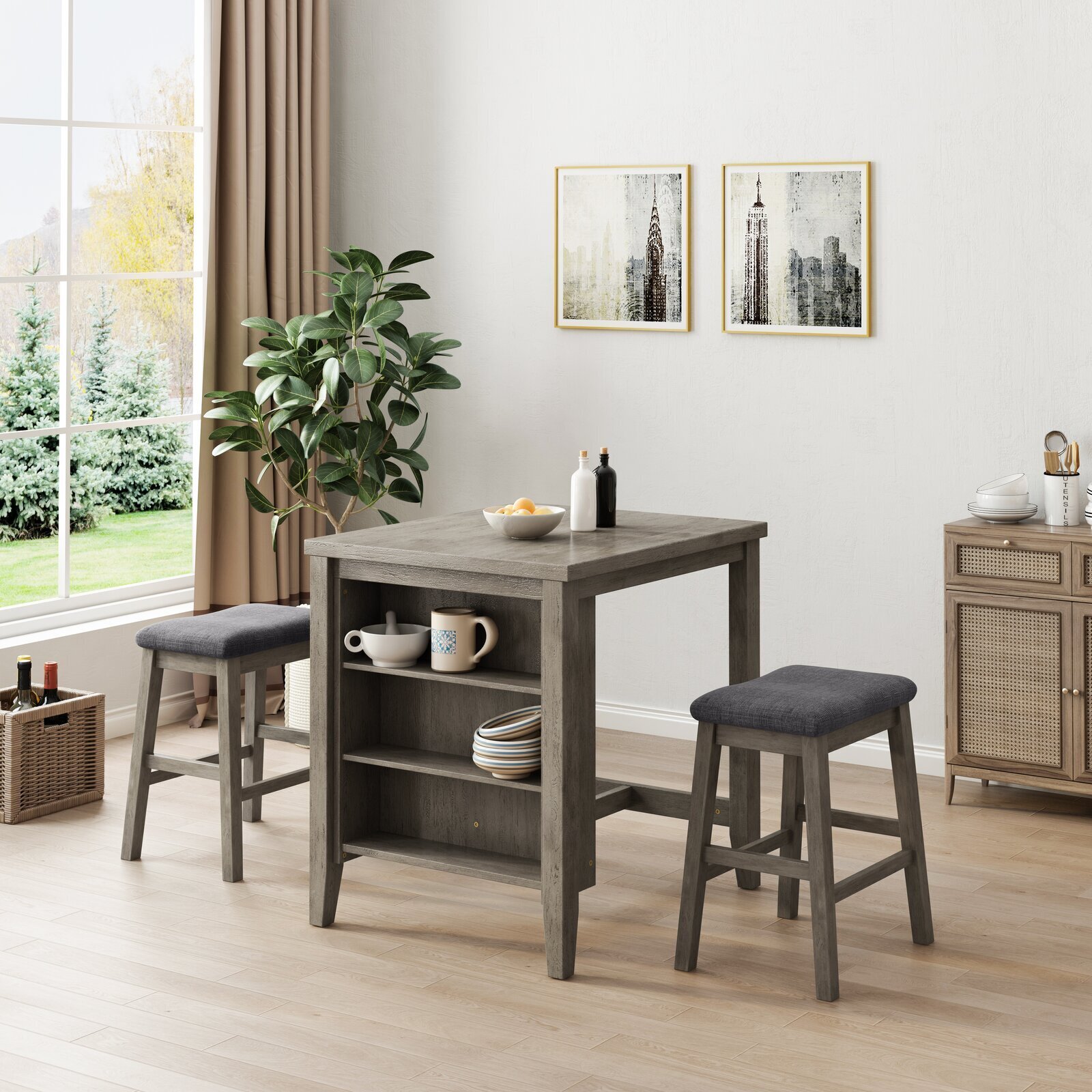 2 Stool Table with Shelves Breakfast Nook Set