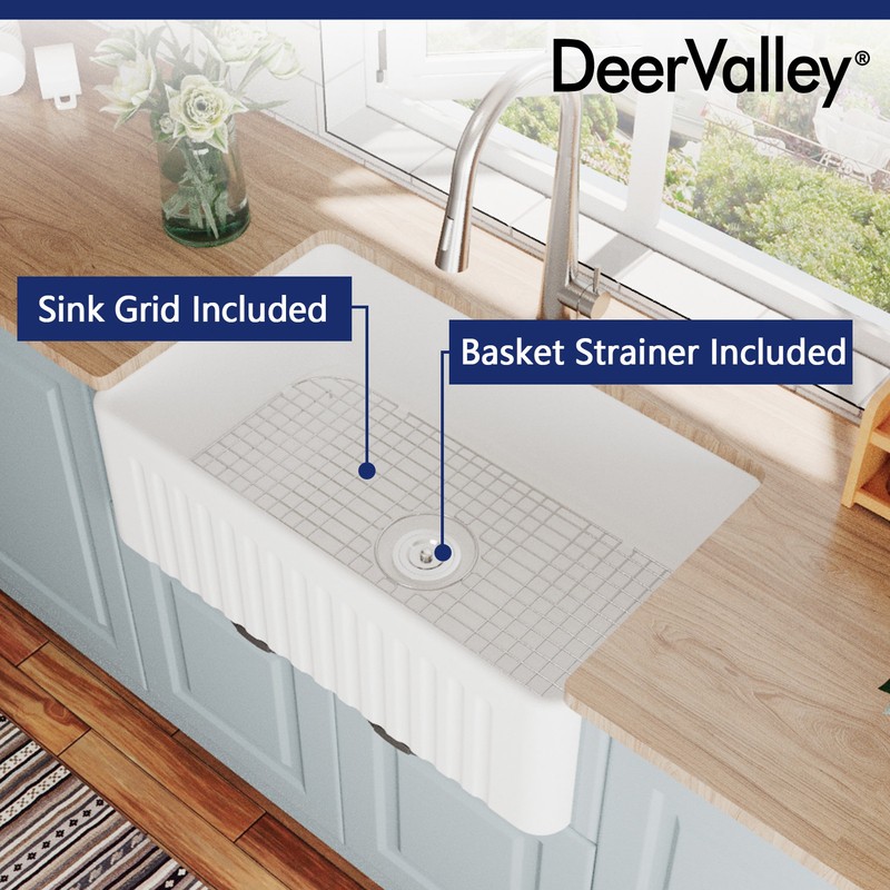 30" L x 18" W Farmhouse Kitchen Sink with Sink Grid and Basket Strainer