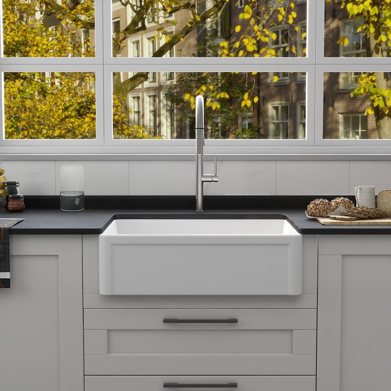 30" L x 20" W Farmhouse Kitchen Sink with Sink Grid and Basket Strainer