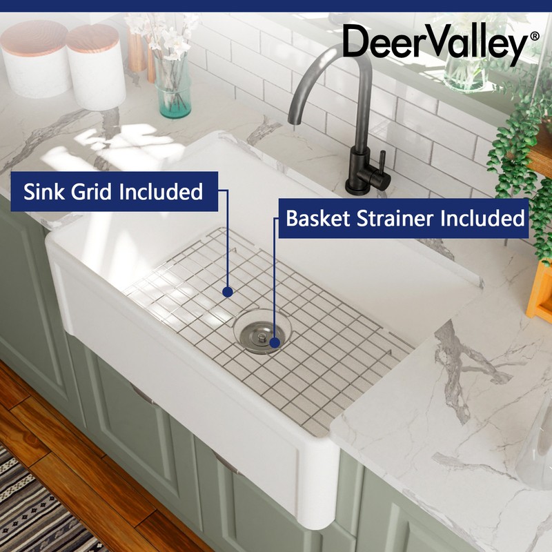 30" L x 20" W Farmhouse Kitchen Sink with Sink Grid and Basket Strainer