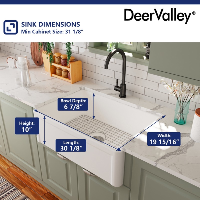 30" L x 20" W Farmhouse Kitchen Sink with Sink Grid and Basket Strainer