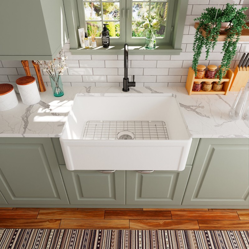 30" L x 20" W Farmhouse Kitchen Sink with Sink Grid and Basket Strainer