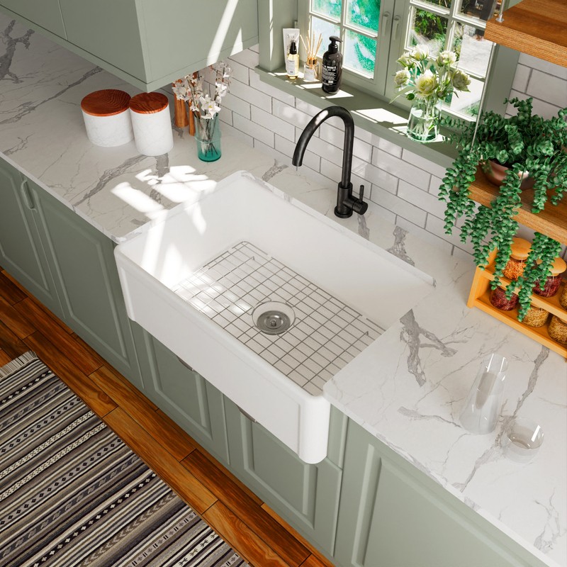 30" L x 20" W Farmhouse Kitchen Sink with Sink Grid and Basket Strainer