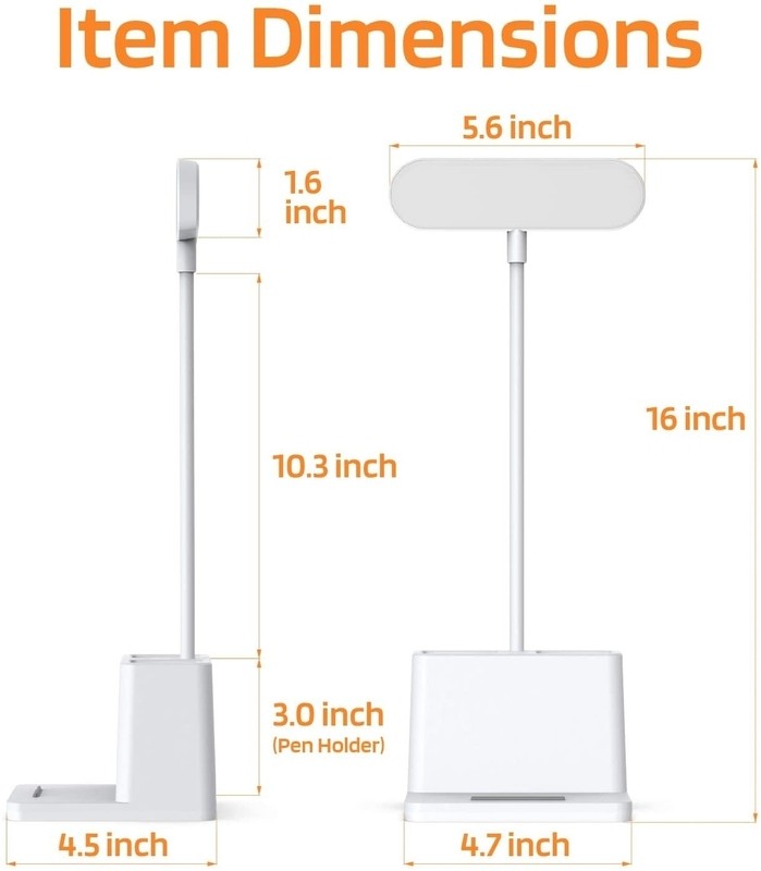 4.52'' White Desk Table Lamp With Pen Holder, Rechargeable, Eye-Caring, Bedside Table Lamp For Reading