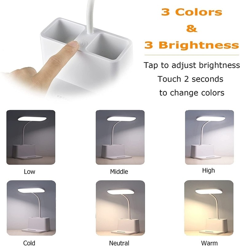 4.52'' White Desk Table Lamp With Pen Holder, Rechargeable, Eye-Caring, Bedside Table Lamp For Reading