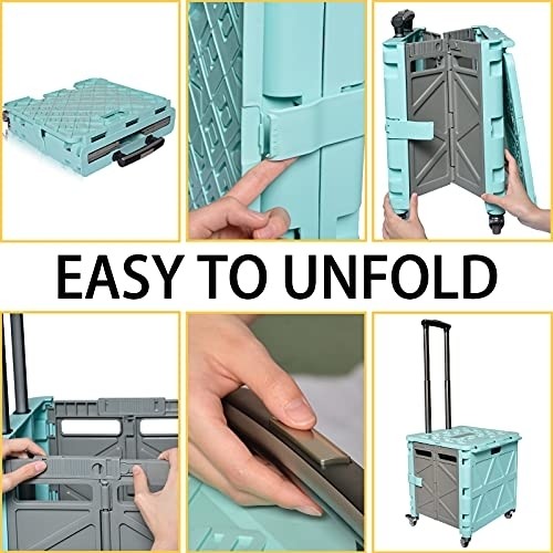 4 Wheel Folding Shopping Cart with Lid Handle,50L Collapsible Grocery Cart Rolling Crate with Wheels for Teacher Elderly,Mobile Folding Cart Portable Storage Box for Groceries Office Car Picnic,Green