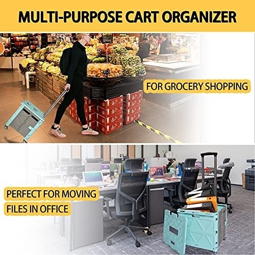 4 Wheel Folding Shopping Cart with Lid Handle,50L Collapsible Grocery Cart Rolling Crate with Wheels for Teacher Elderly,Mobile Folding Cart Portable Storage Box for Groceries Office Car Picnic,Green