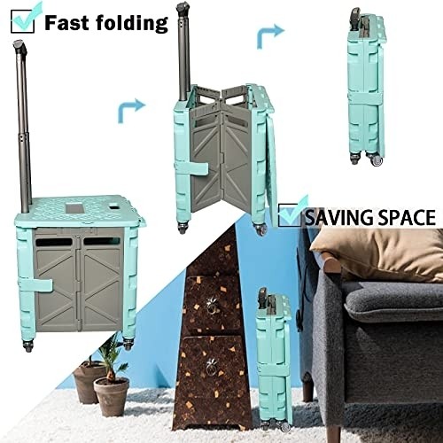 4 Wheel Folding Shopping Cart with Lid Handle,50L Collapsible Grocery Cart Rolling Crate with Wheels for Teacher Elderly,Mobile Folding Cart Portable Storage Box for Groceries Office Car Picnic,Green