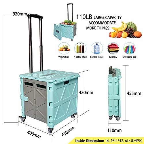 4 Wheel Folding Shopping Cart with Lid Handle,50L Collapsible Grocery Cart Rolling Crate with Wheels for Teacher Elderly,Mobile Folding Cart Portable Storage Box for Groceries Office Car Picnic,Green