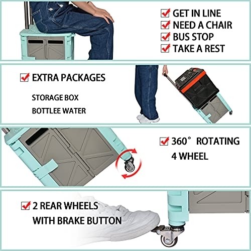 4 Wheel Folding Shopping Cart with Lid Handle,50L Collapsible Grocery Cart Rolling Crate with Wheels for Teacher Elderly,Mobile Folding Cart Portable Storage Box for Groceries Office Car Picnic,Green