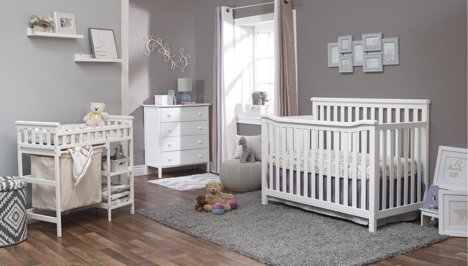 5 piece crib furniture set in white and natural wood