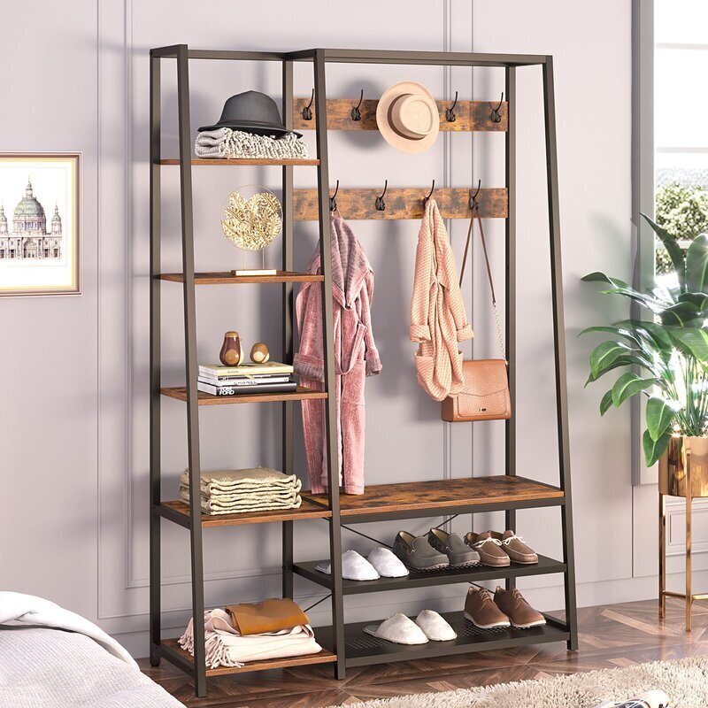 Coat Rack, Hall tree, Shoe Bench, 5-in-1 Shoe Rack for Entryway, 3 storage  shelves, 8 Hooks Removable,Industrial Accent Furniture with Steel Frame,  Multifunctional Hallway Organizer