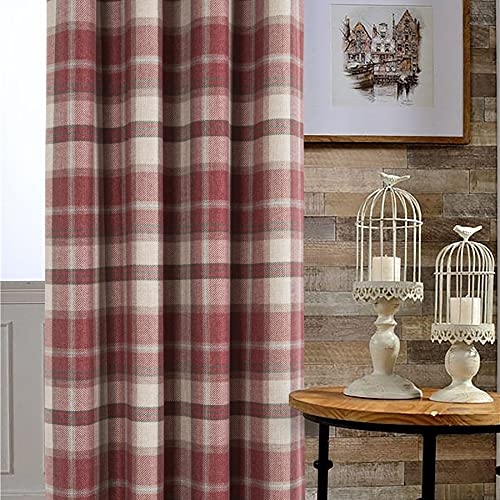 always4u Classic Red Plaid Curtains Highland Woolen Look Tartan Farmhouse Window Treatment Grommet Checked Curtains for Living Room Bedroom 2 Panels 45*95 Inches