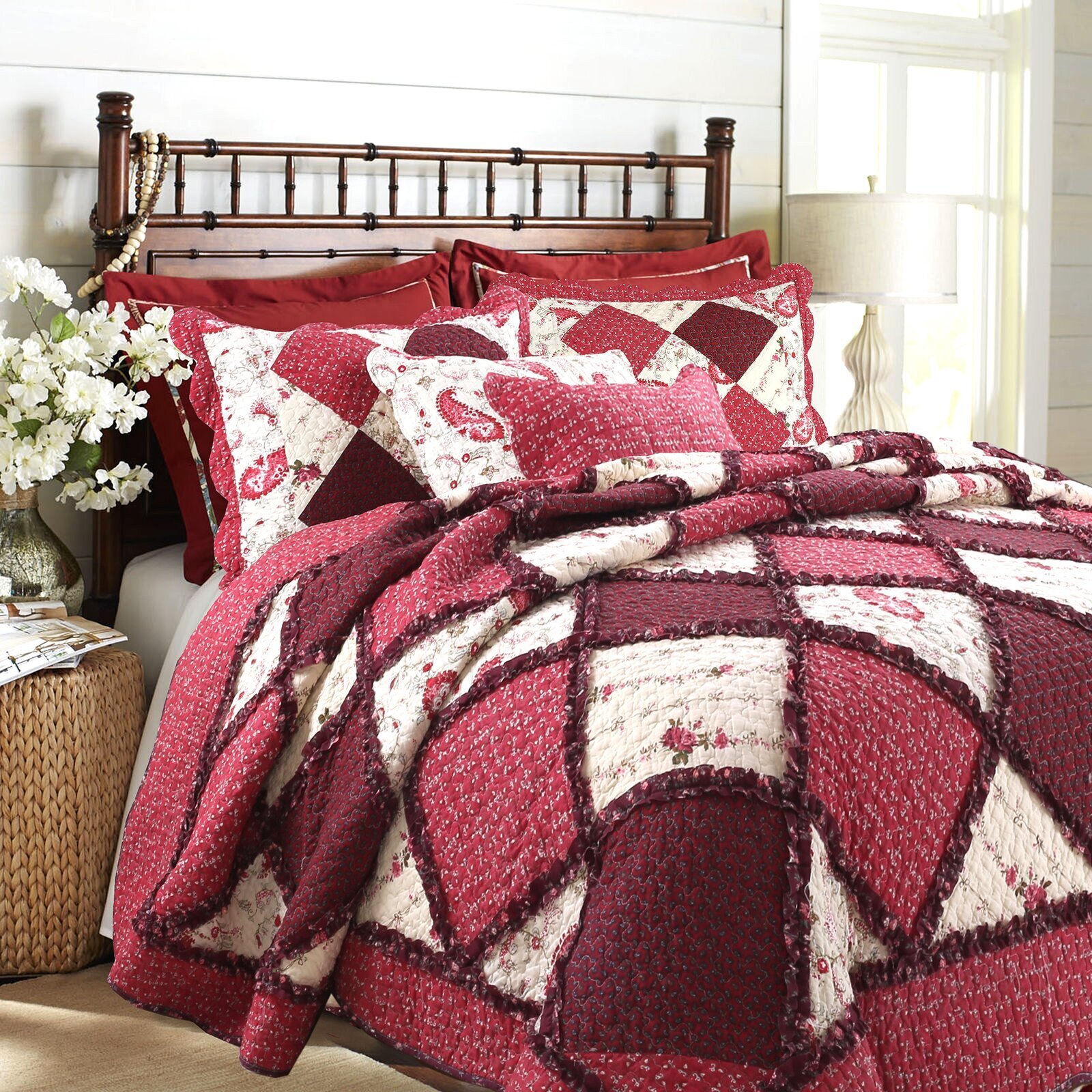 Antique patchwork bedding set with ruffles