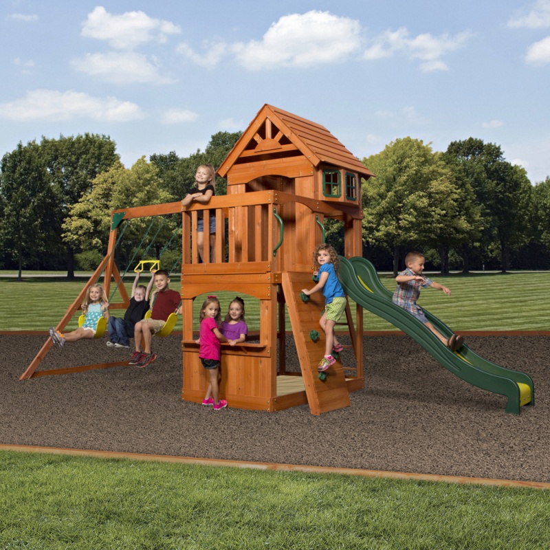 Wooden Swing Set with Clubhouse and Sandbox