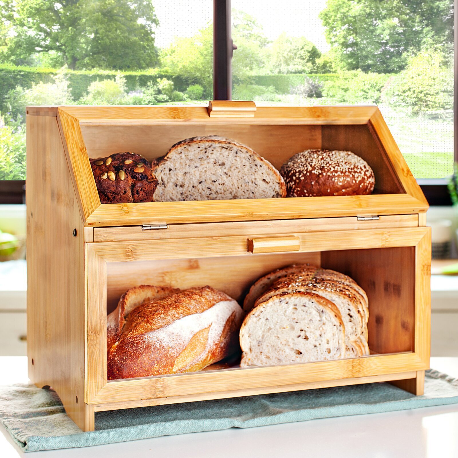 Contemporary Style Bread Box with Wooden Lift Off Bread Board lid 