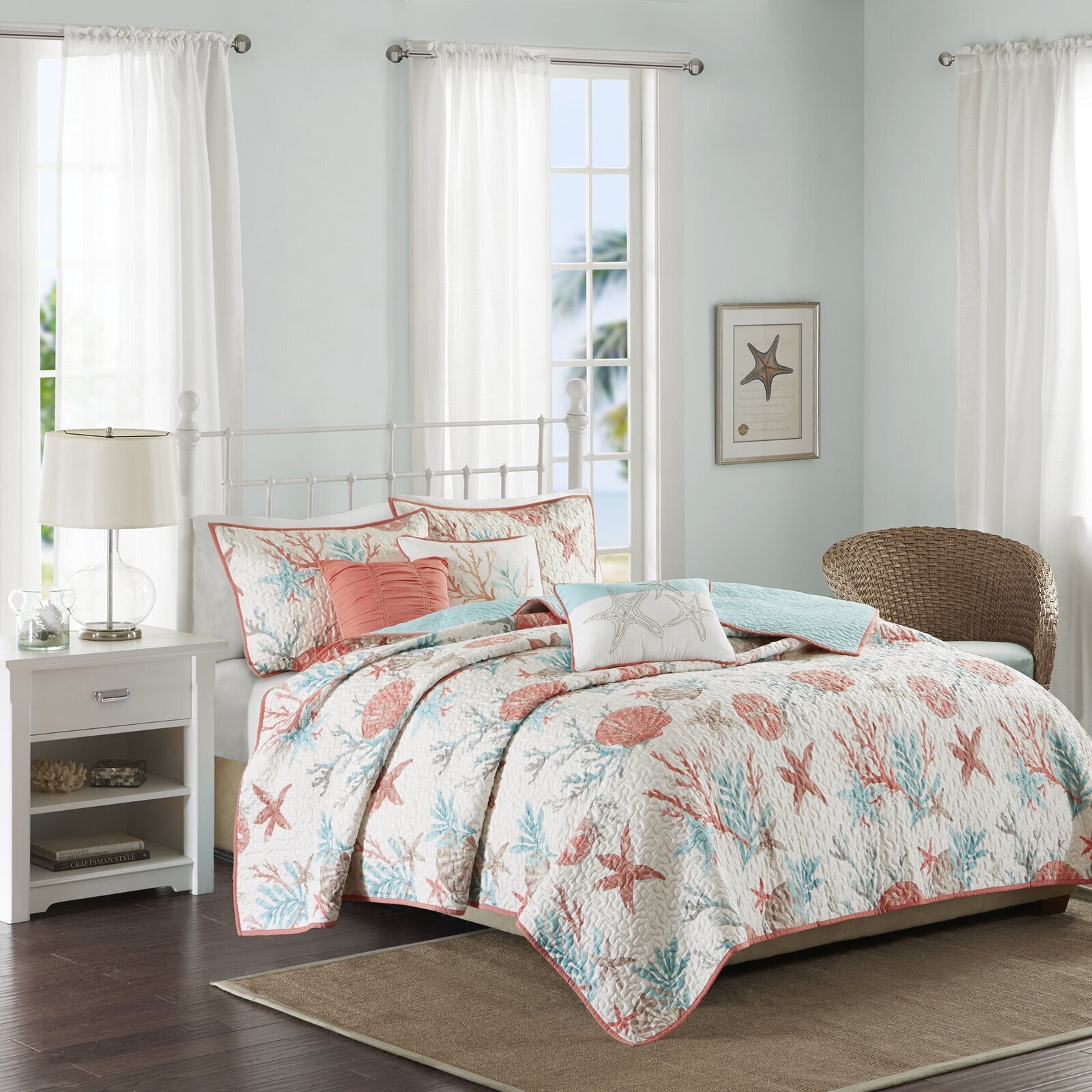 Beachy Coral and Turquoise Bedding Queen Set