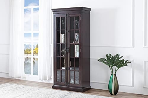 Best Master Furniture Lucinda 5 Shelf Storage Tall Bookshelf Cabinet 2 Doors with Glass Display & Turning Knob Metal Handle Antique Brushed Finish, Cherry