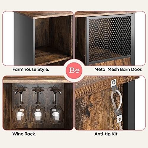 Bestier Industrial Bar Cabinet for Liquor and Glasses with Sliding Metal Mesh Door,Adjustable Shelf,Kitchen Accent Sideboard Buffet Wine Rack,43.7L Home Bar Furniture