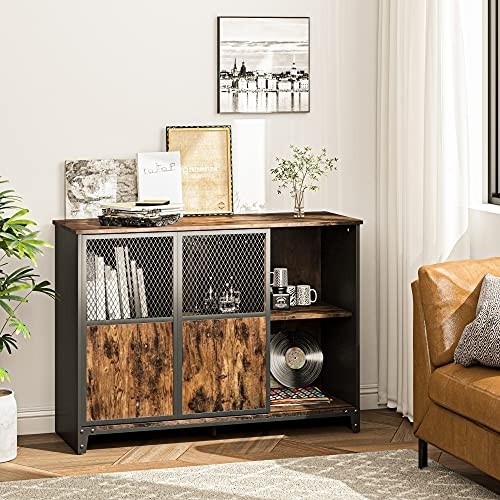 Bestier Industrial Bar Cabinet for Liquor and Glasses with Sliding Metal Mesh Door,Adjustable Shelf,Kitchen Accent Sideboard Buffet Wine Rack,43.7L Home Bar Furniture