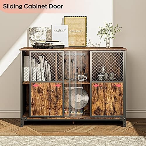 Bestier Industrial Bar Cabinet for Liquor and Glasses with Sliding Metal Mesh Door,Adjustable Shelf,Kitchen Accent Sideboard Buffet Wine Rack,43.7L Home Bar Furniture