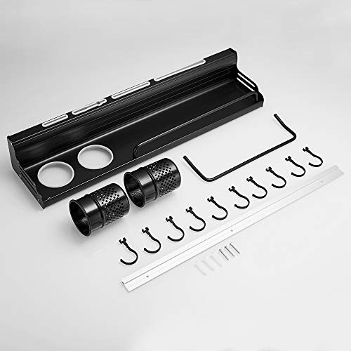 BESy Multifunctional Kitchen Wall Storage Pot Lid Rack, Hanging Pot Rack Organizers Wall Mounted, Kitchen Cooking Utensil Holder Caddy with Bottle Rack, Knife Pan Hanger with 10 hooks, Matte Black