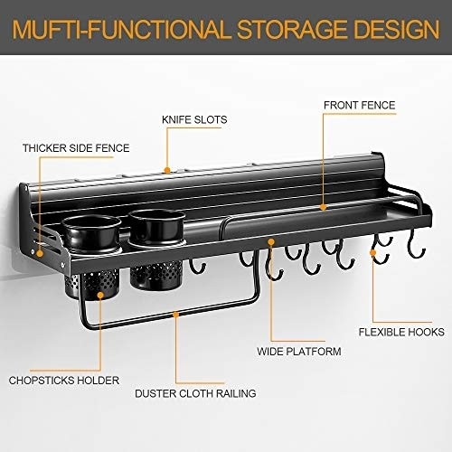BESy Multifunctional Kitchen Wall Storage Pot Lid Rack, Hanging Pot Rack Organizers Wall Mounted, Kitchen Cooking Utensil Holder Caddy with Bottle Rack, Knife Pan Hanger with 10 hooks, Matte Black