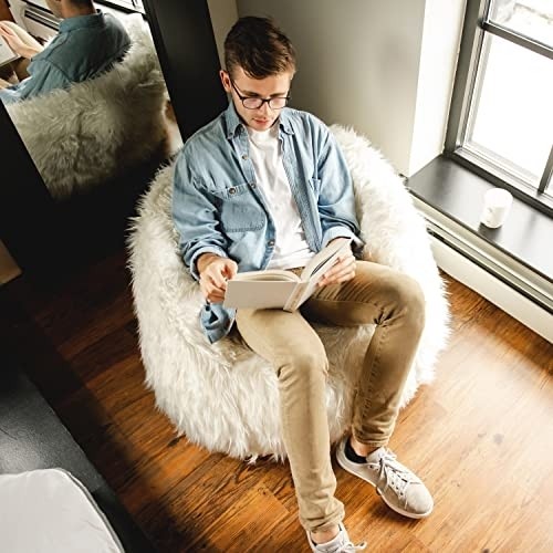 "Big Joe Milano Beanbag Chair Ivory Shag"