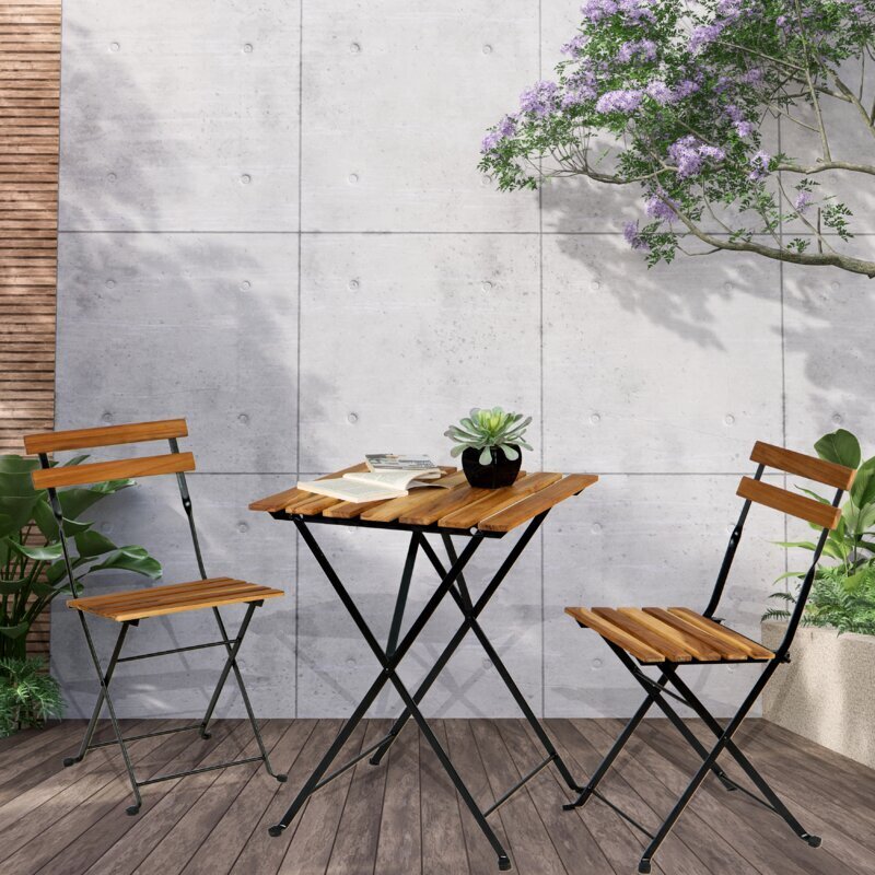 Bistro Metal and Teak Folding Table and Chairs