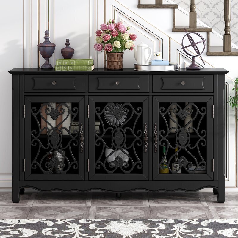 Black Antique Sideboard With Carved Motifs