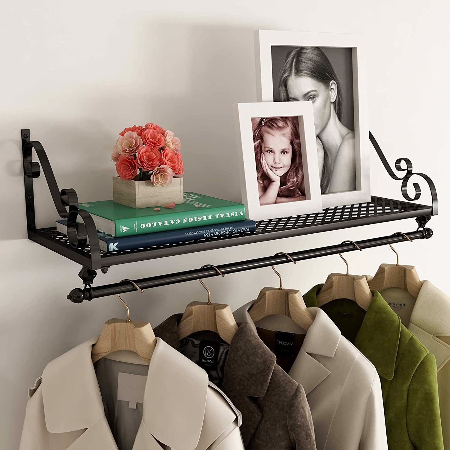 Black Elegant Wall Mounted Coat Rack With Shelf