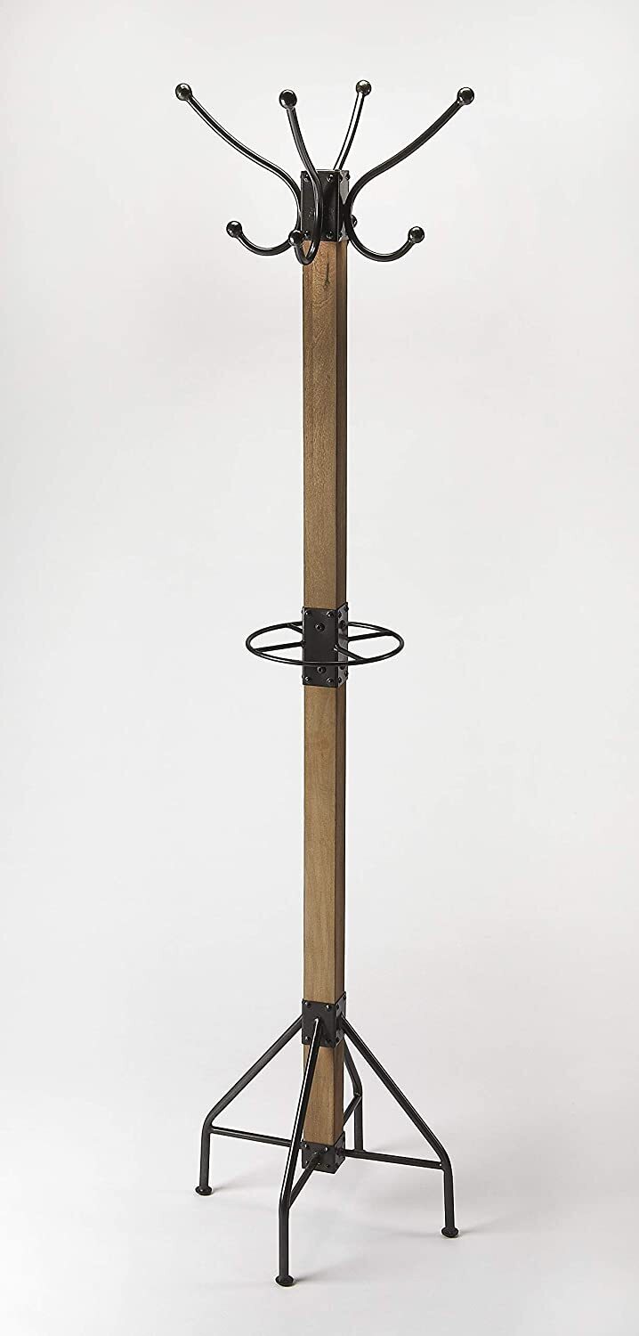 Black Iron Coat Rack With Wooden Pole 