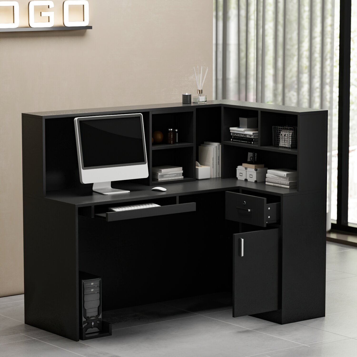 Black Reception Desk With Cupboard And Drawers 