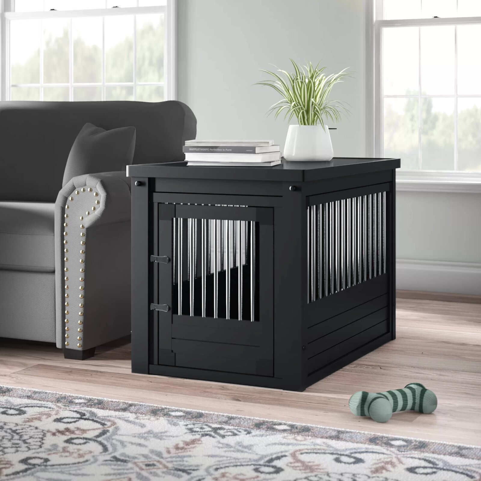 Black Rectangular Dog Crate With Spindles