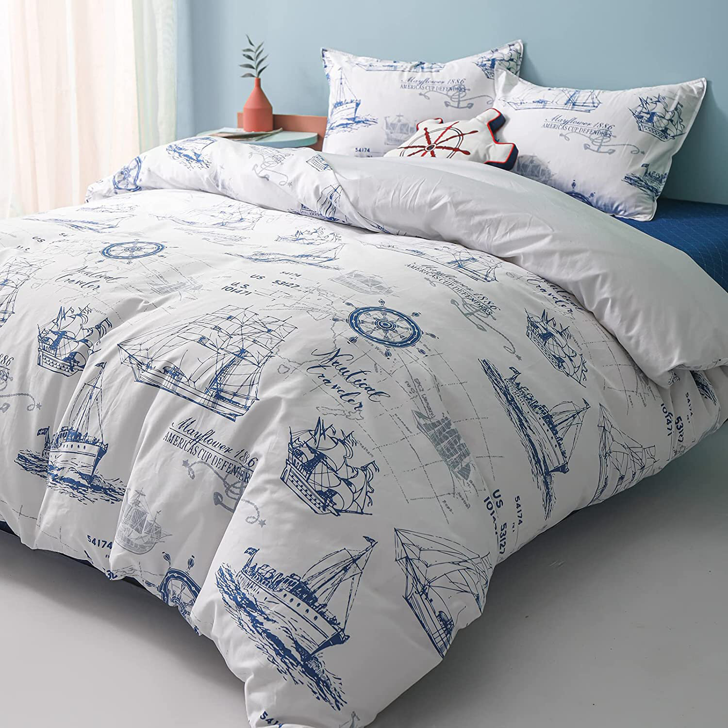 Blue and White 100% Cotton Nautical Twin Bedding