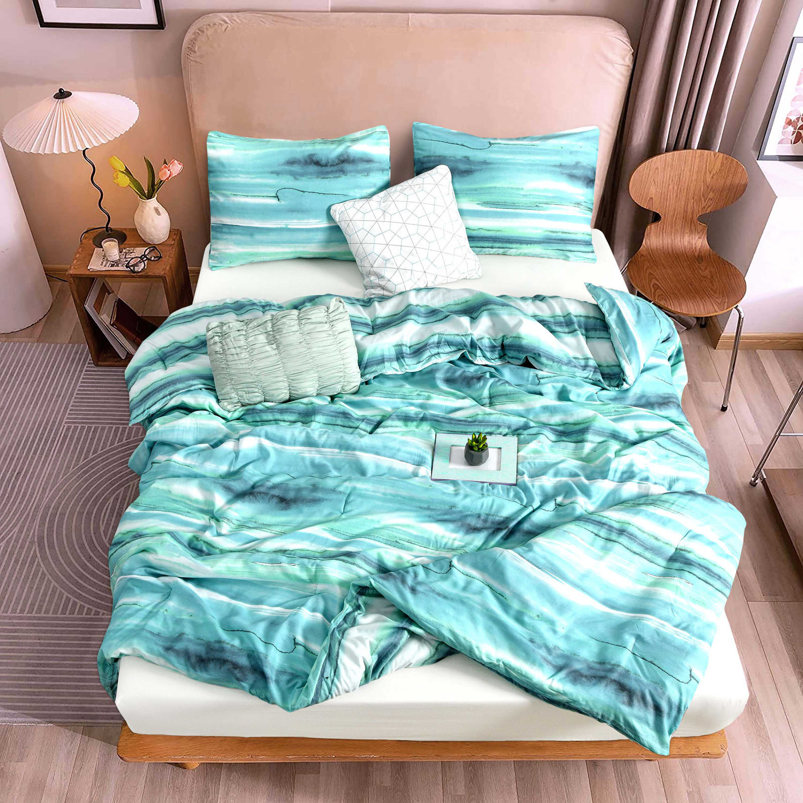 Mint Waives Duvet Cover Set, Queen Size , 1 Duvet Cover, 1 Fitted Sheet