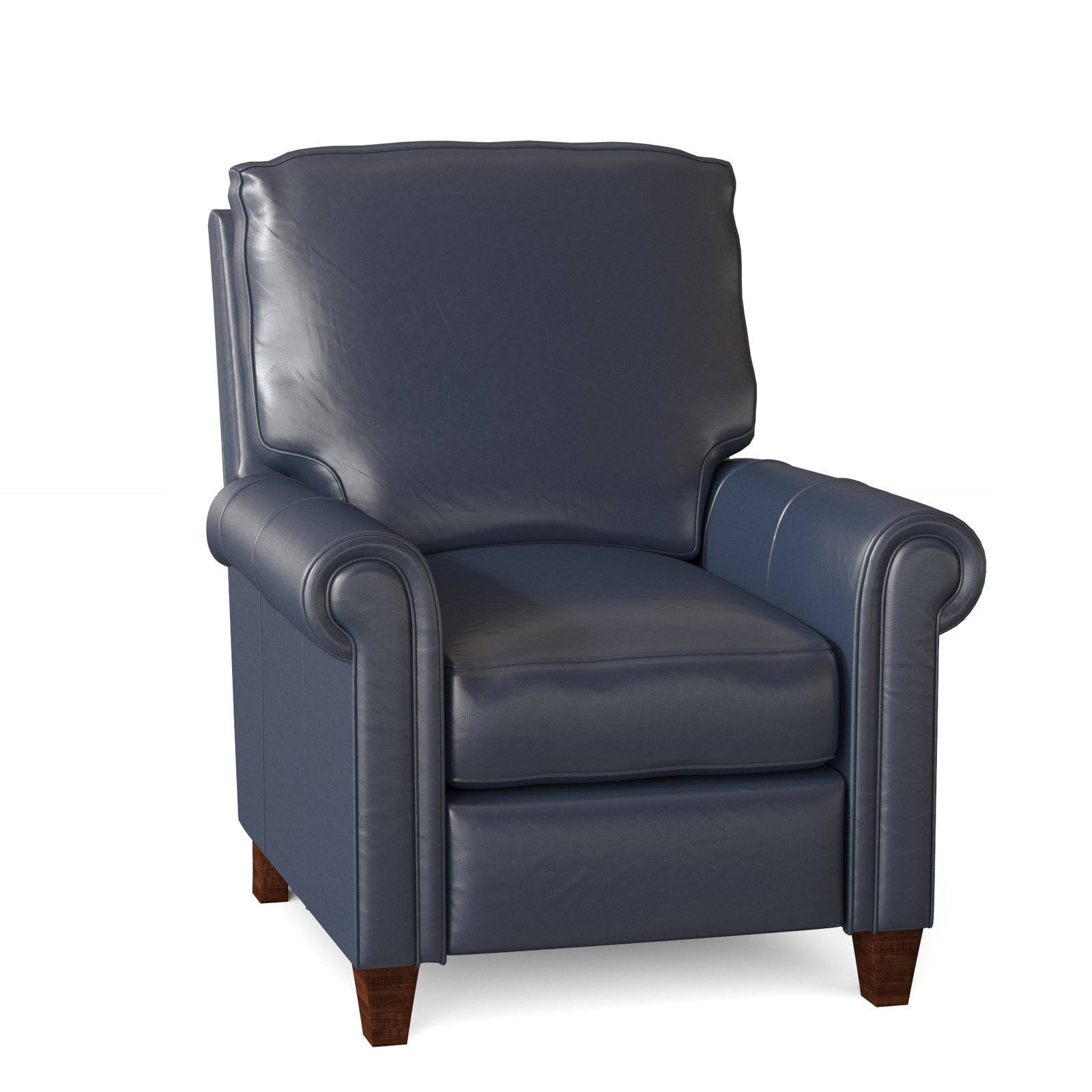 Blue leather recliner with decorative arms