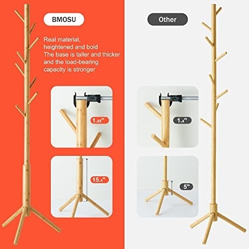 BMOSU Coat Rack freestanding Stand Bamboo Wooden 8 Hooks 3 Adjustable Tree Standing Coat Jackets Hanger Easy Assembly Hallway Mounted Corner Parlor Office Floor Stand for Clothes Nature