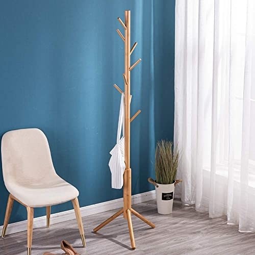 BMOSU Coat Rack freestanding Stand Bamboo Wooden 8 Hooks 3 Adjustable Tree Standing Coat Jackets Hanger Easy Assembly Hallway Mounted Corner Parlor Office Floor Stand for Clothes Nature