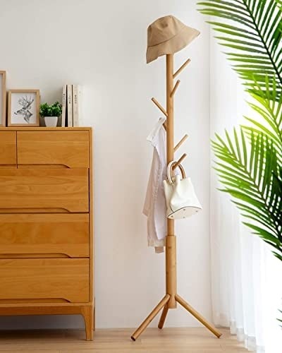 BMOSU Coat Rack freestanding Stand Bamboo Wooden 8 Hooks 3 Adjustable Tree Standing Coat Jackets Hanger Easy Assembly Hallway Mounted Corner Parlor Office Floor Stand for Clothes Nature