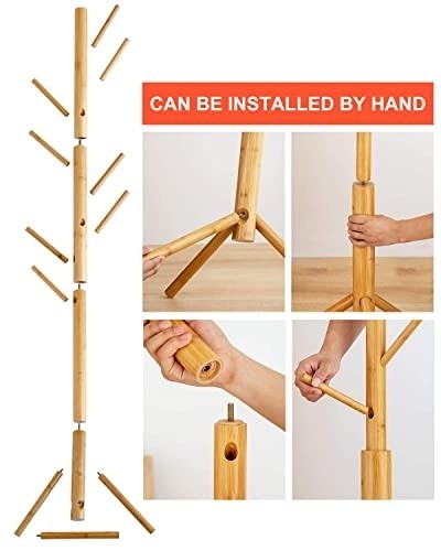 BMOSU Coat Rack freestanding Stand Bamboo Wooden 8 Hooks 3 Adjustable Tree Standing Coat Jackets Hanger Easy Assembly Hallway Mounted Corner Parlor Office Floor Stand for Clothes Nature